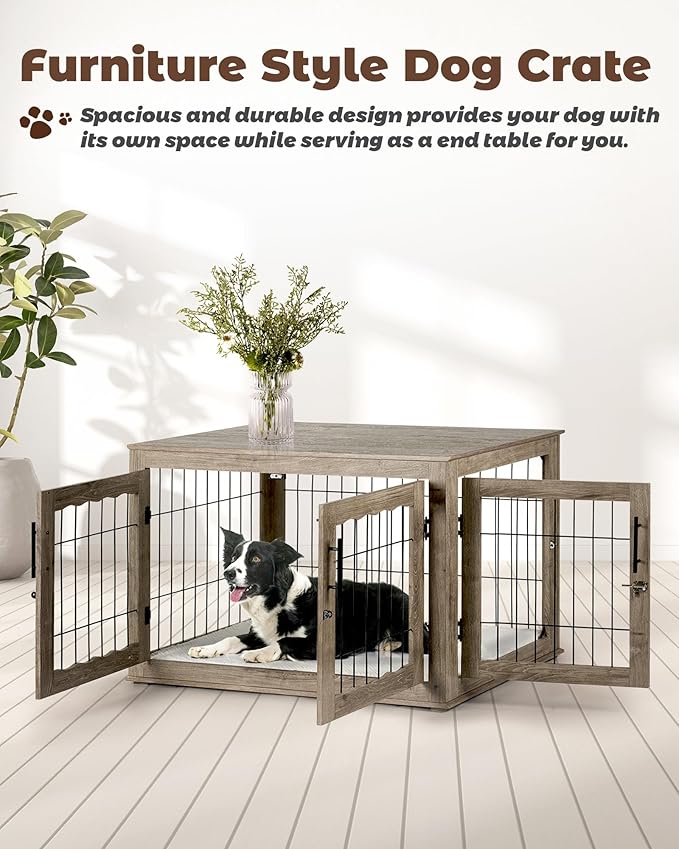 Dog Crate Furniture, 38 inch Large Dog Crates with Bed Mat, Wooden Dog Kennel Furniture, End Side Table Dog Cage with 3 Doors, Greige