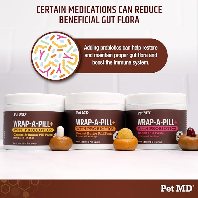 Pet MD Wrap-A-Pill with Dog Probiotics - Pill Wrap for Dogs Medicine - Easy-to-Use Paste to Hide Capsules, Create Pockets and Pill Treats for Dogs - Peanut Butter (4.2oz)