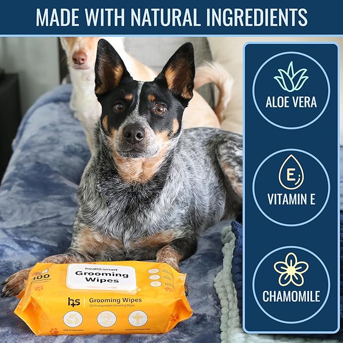 HealthSmart Dog & Cat Grooming Wipes, Alcohol and Paraben Free, Gentle on Skin, 100% Biodegradable, 100 Count, Deodorizing, Great for Paws, Ears, and Butt