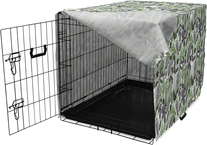 Lunarable Green Xmas Dog Crate Cover, Pine Cones and Holiday Theme Plants Fir Tree Motifs Print, Easy to Use Pet Kennel Cover for Small Dogs Puppies Kittens, 18 Inch, White Fern Green