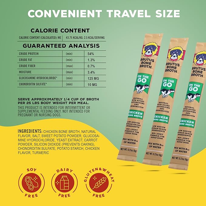 Brutus Bone Broth for Dogs - Bone Broth Powder with Chondroitin Glucosamine & Turmeric - Human Grade Dog Food Toppers for Dry Food & Picky Eaters - 5 Stick (Chicken)