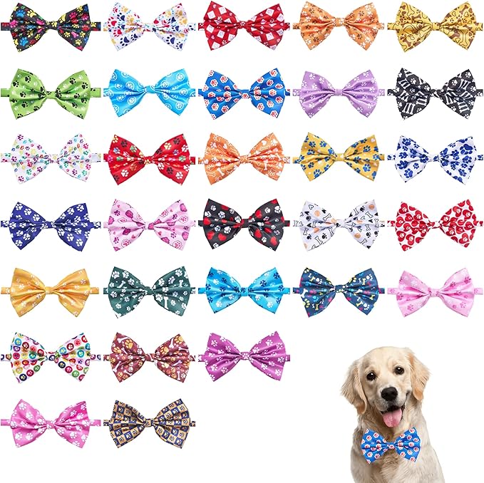 Paw Print Dog Bow Ties Bulk 30 Pcs Adjustable Dogs Bowties for Large Dogs Bow Ties Pet Party Grooming L