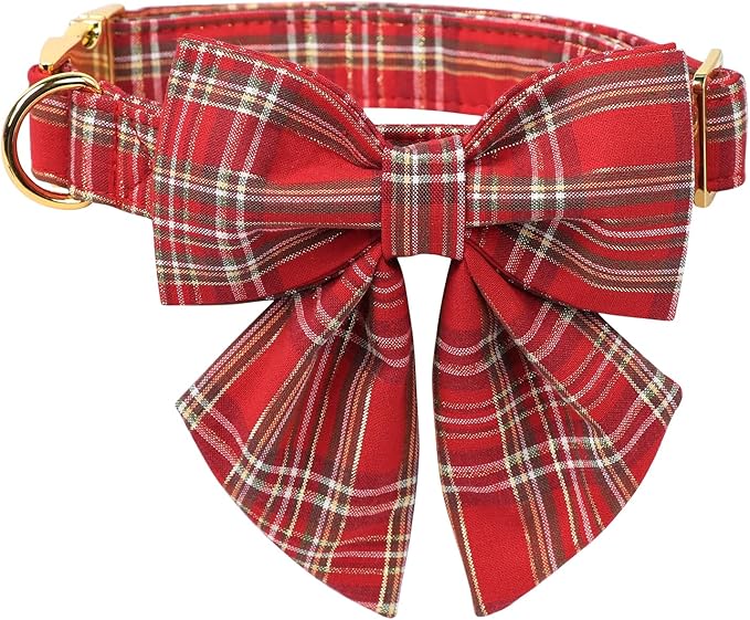 MR. CHUBBYFACE Christmas Red Plaid Dog Collar with Sailor Bow, Adjustable Cotton Christams Dog Collar with Metal Buckle, Cute Boy Girl Pet Collars for Small Medium Large Dogs