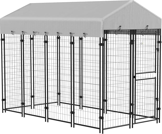 PawHut 7.8' x 6' Dog Kennel Outdoor with Waterproof Cover, Dog Playpen for Extra Large Dogs with Two Part Door Design, Silver