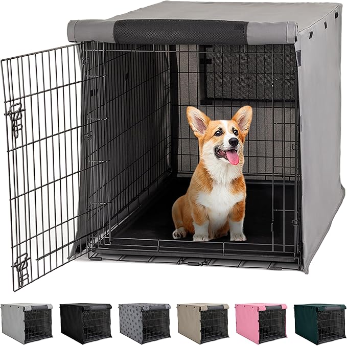 GORILLA GRIP Dog Crate Covers Compatible with Amazon Basics Dog Crates, All Sides Open, Privacy Cover Fits 30" Wire Kennel, Breathable Mesh Windows, Light Reducing Puppy Training Cage Topper, Gray