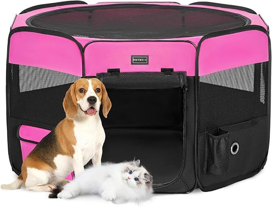 PETSFIT Dog Play Pen,36" Dia Dog Playpen Indoor/Outdoor, Pet Playpen for Cats Puppies&Small Animals-Removable Zipper Mesh Top Cover& Leakproof Bottom(36"x36"x21"H)
