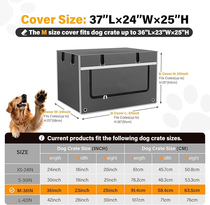 Dog Crate Cover 36 Inch Insulated & Breathable Chew-Proof – Heavy-Duty Dog Cage Cover for Sun/Rain Protection, Universal Fit Wire Crates, Anxiety Relief, Gray(Cover Only)