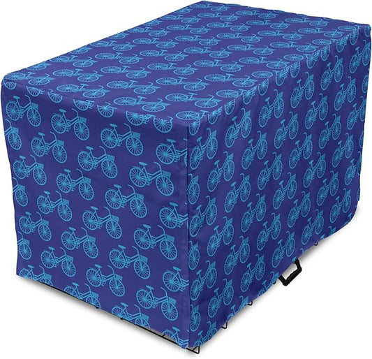 Lunarable Contemporary Blue Dog Crate Cover, Repetitive Pattern with Silhouette Style Bicycles, Easy to Use Pet Kennel Cover for Medium Large Dogs, 42 Inch, Dark Violet Sky Blue