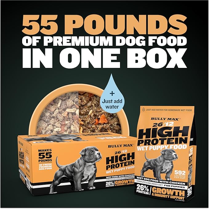 Bully Max Wet Puppy Food - Instant Fresh Dehydrated High Protein Soft Dog Food with Chicken - Healthy Growth for Small & Large Breed - 20 Dry Dog Food Pounds (Makes 55 lbs. Wet Dog Food, 10 Pouches)