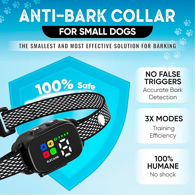 Tiny Bark Collar for Small Dogs 5-15 lbs and Puppies - No Shock Anti Barking Collar - Rechargeable Smart Collar for Dog Training with 7 Sensitivity Levels and 3 Beep&Vibration Modes (Black)