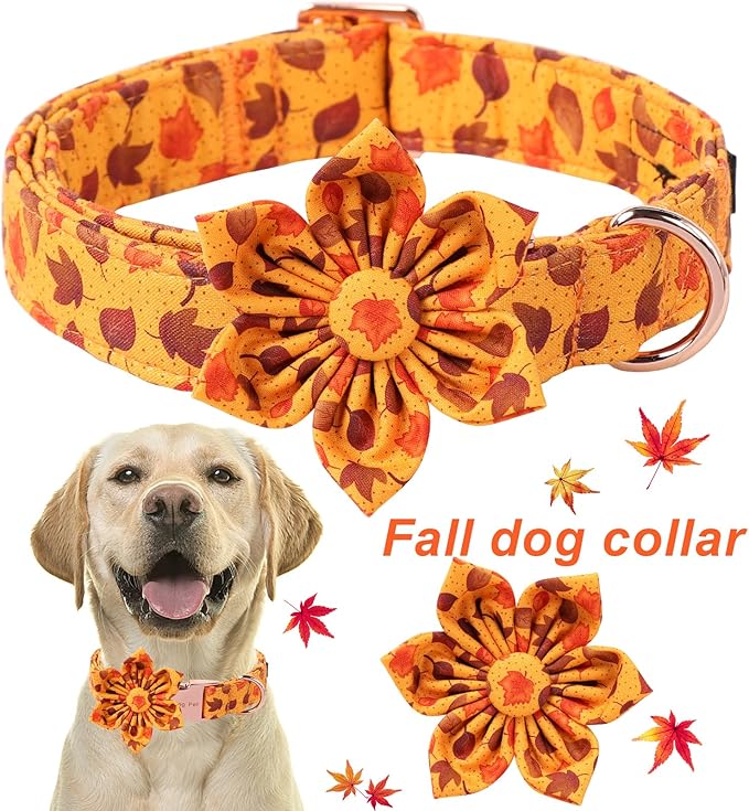 ARING PET Fall Dog Collar-Cotton Maple Leaves Dog Collar with Flower, Adjustable Autumn Leaves Dog Collars Pet Necklace with Metal Buckle for Girl&Boy Dogs