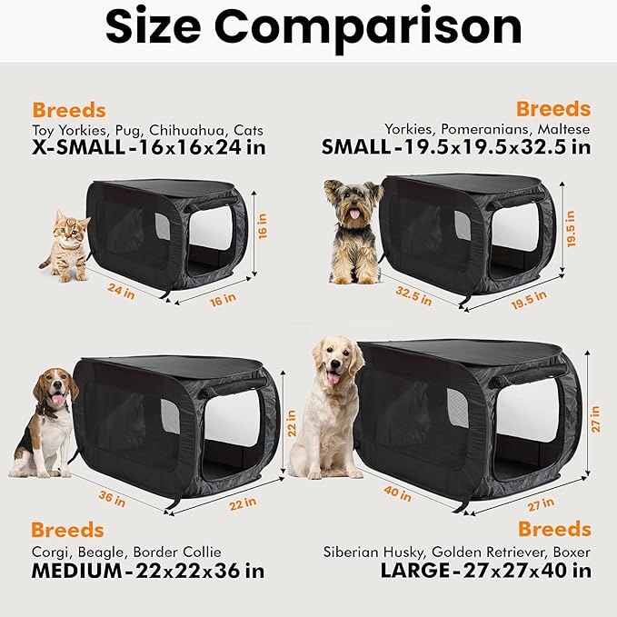 Beatrice Home Fashions Portable, Collapsible, Pop Up Kennel Travel Cat and Dog Crate, 32.5" L x 19.5" W x 19.5" H, Black