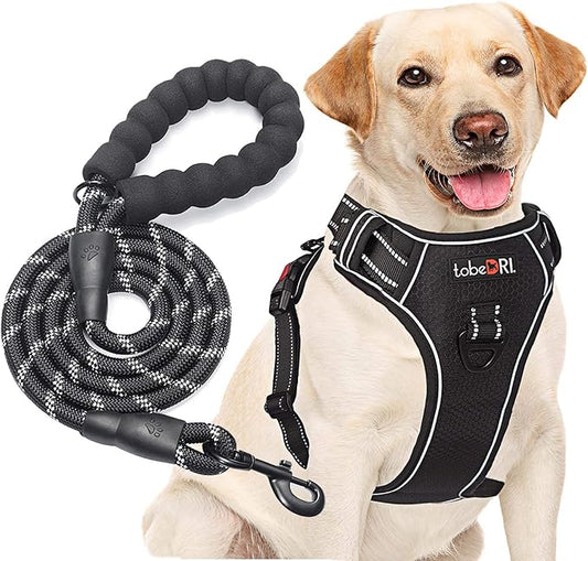 tobeDRI No Pull Harness with A Free Heavy Duty 5ft Leash for Medium Large Dog Adjustable Reflective Oxford Easy Control (L (Neck: 18"-25.5", Chest: 24.5"-33"), Black Harness+Leash)
