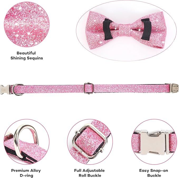 Bling Bow Tie Dog Collar and Leash Set, Cute Pink Girl Dog Collar with 5ft Leash for Small Medium Dogs Daily Walking or Holiday Party (Neck fit 11-16’’)