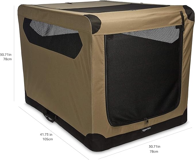 Amazon Basics Dog Crate, Travel Dog Kennel Double Door Collapsible, Lightweight Soft-Sided Folding, Portable Dog Cage, XL 42" x 31" x 31", Tan