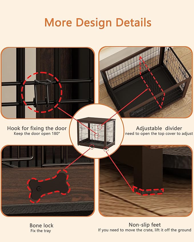 Piskyet Wooden Dog Crate Furniture with Divider Panel, Dog Crate End Table with Fixable Slide Tray, Dog Kennel Furniture, Dog Kennel Indoor for Medium Dogs(M:31.8" L*22.1" W*26.3" H,Brown Walnut)