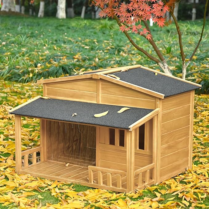 Merax 47.2" Outdoor & Indoor Wooden Dog House, Pet Kennel with Porch, Solid Wood, Weatherproof, Medium, Nature