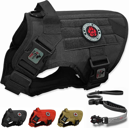 Tactical Dog Harness with Tactical Dog Leash as 1 Set for Large Dogs; Military Style Tactical Dog Vest and Bungee Dog Leash with Car Seat Buckle; No-Pull Dog Vest and Leash Black (L)