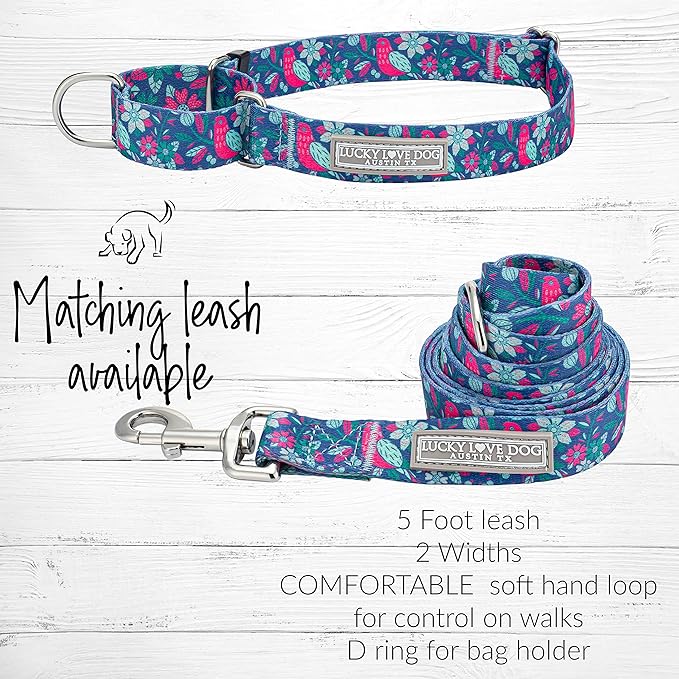 Lucky Love Dog, Whimsical Bird Martingale Dog Collar, Vivid Pink, Mint, Blue Flowers Small No Slip Dog Collar - (S, Carriebelle Mart)