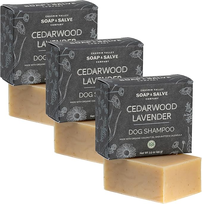 Chagrin Valley Soap & Salve Organic Dog Shampoo and Conditioner - Puppy Shampoo Itchy Skin Relief and Puppy Essentials - Natural Handmade Cedarwood Lavender, 3.8 oz Bar Soap 3-PK