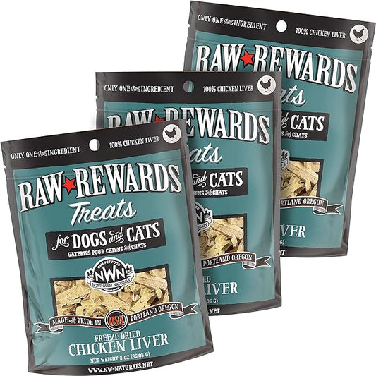 Northwest Naturals Raw Rewards Freeze-Dried Chicken Liver Treats for Dogs and Cats - Bite-Sized Pieces - Healthy, 1 Ingredient, Human Grade Pet Food, Natural - 3 Oz (Pack of 3)