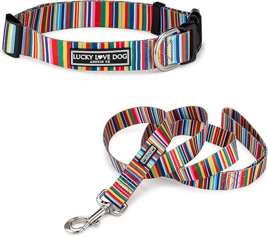 Lucky Love Dog Combo Set,Rainbow Dog Collar & Leash Set for X-Small Dogs, Colorful Matching Collar and Leash Set for Girl or Boy Dogs, Rainbow Stripes Hippie Combo, XS