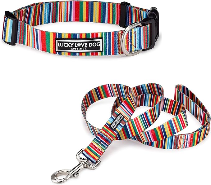 Lucky Love Dog Combo Set, Rainbow Dog Collar & Leash Set for Small Dogs, Colorful Matching Collar and Leash Set for Girl or Boy Dogs, Hippie Combo, Small