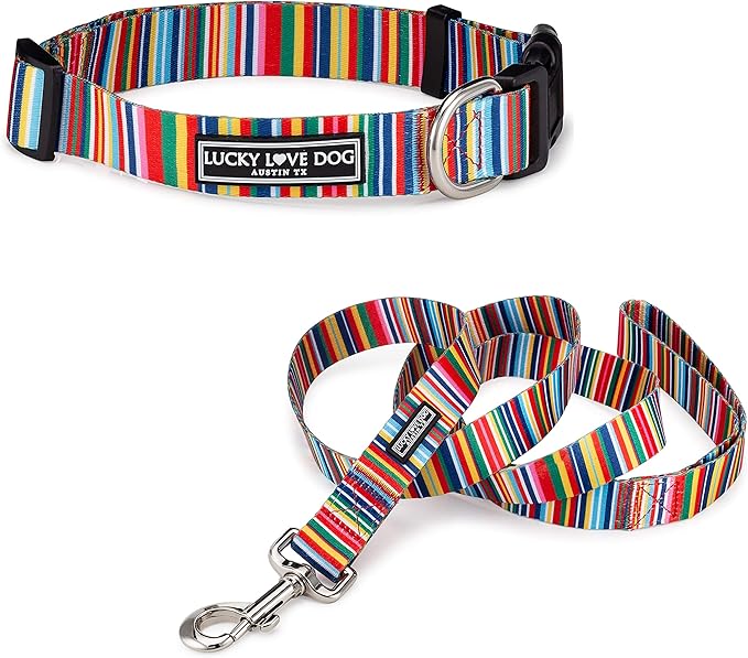 Lucky Love Dog Combo Set, Rainbow Big Dog Collar & Leash Set for Large Dogs, Colorful Matching Collar and Leash Set for Girl or Boy Dogs, Rainbow Stripes, Hippie Combo, Large