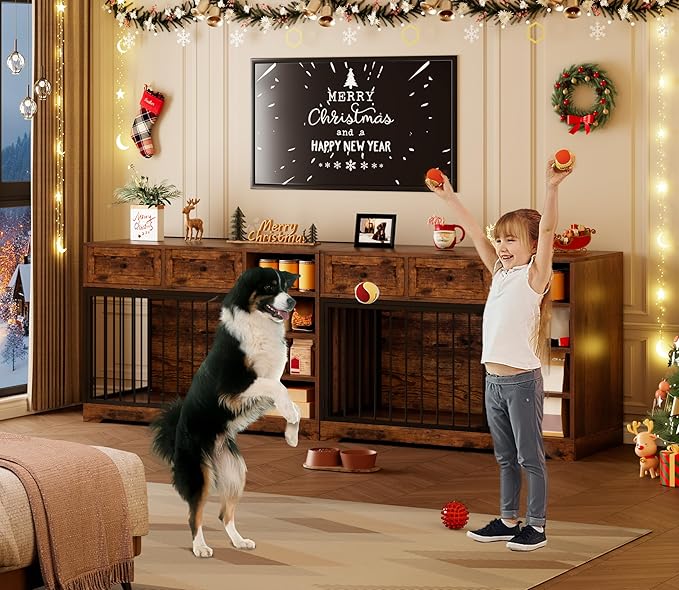 Dog Crate Furniture 47”, Large Dog Crate TV Stand with 2 Drawers and 4 Shelves, Wooden Dog Kennel Indoor, Decorative Dog Cage with Storage for Large Dogs, Brown