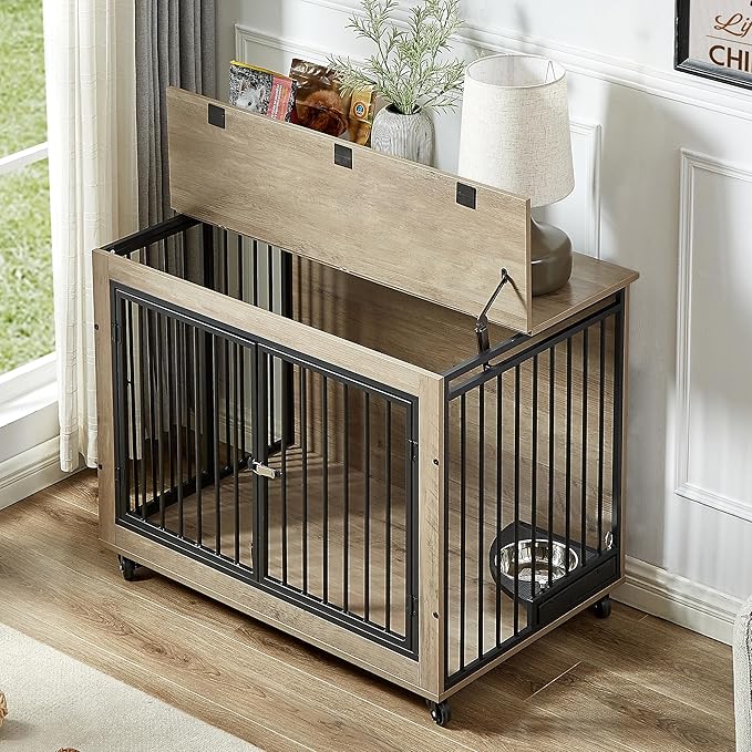 Dog Crate Furniture Heavy Duty Dog Kennel, 38 inch Indoor Double Doors Dog Cage for Small/Medium Dogs Up to 65lb, Decorative Dog Cage End Table with Rotatable Feeding Bowl