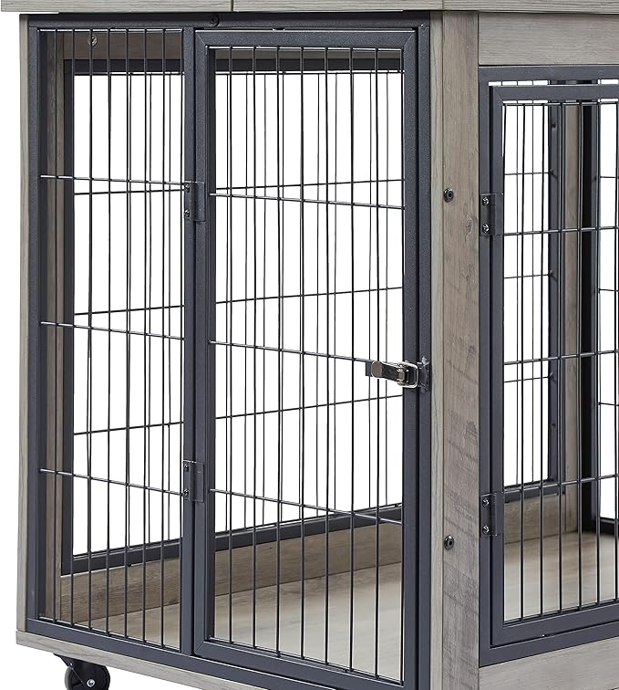NicBex Dog Crate Furniture Dog Cage with Doors and Lift Top, Dog Kennels for Inside Space, Wooden Dog Crate on Wheels with Durable Frame for Multiple Dogs, Grey
