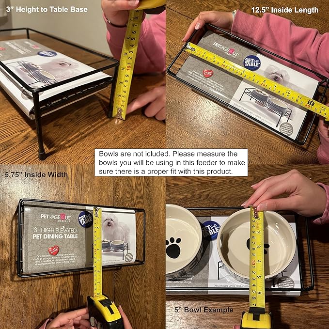 PetRageous 81030 Gizmo's Set The Table Steel Frame Dog Feeder, 3-Inch Tall Dining Table by 13-Inch Long and 5.75-Inch Wide, Holds Two 5.5-Inch Diameter Bowls, for Small and Medium Dogs and Cats, Black