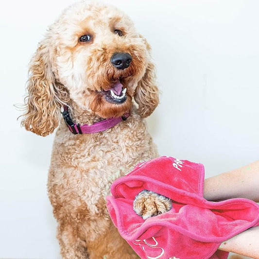 Paws-up Paw Cleaning Towel for Dogs removes mud Dirt Grass Sand allergens Machine Washable Microfiber Also Great for a Quick Dry Puppy Bath Towel with Two Hand Pockets for Control. 25.5” X 9” Pink