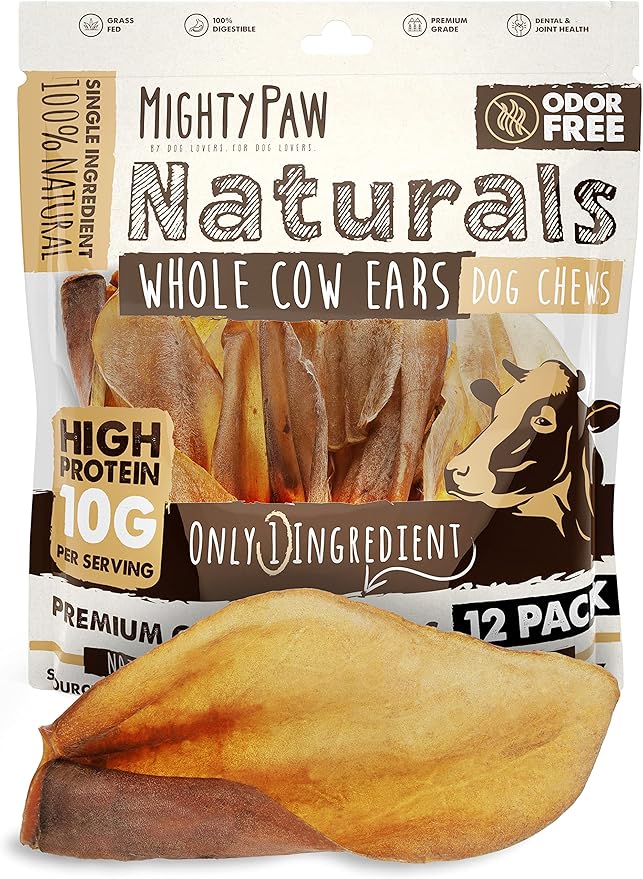 Mighty Paw 100% Natural Unbleached Cow Ears for Dogs - Single Ingredient Dog Chews - Cow Ears for Dogs Chew Treats Suitable for Small, Medium & Large Pets - Cow Ear Dog Chews 12 Pack