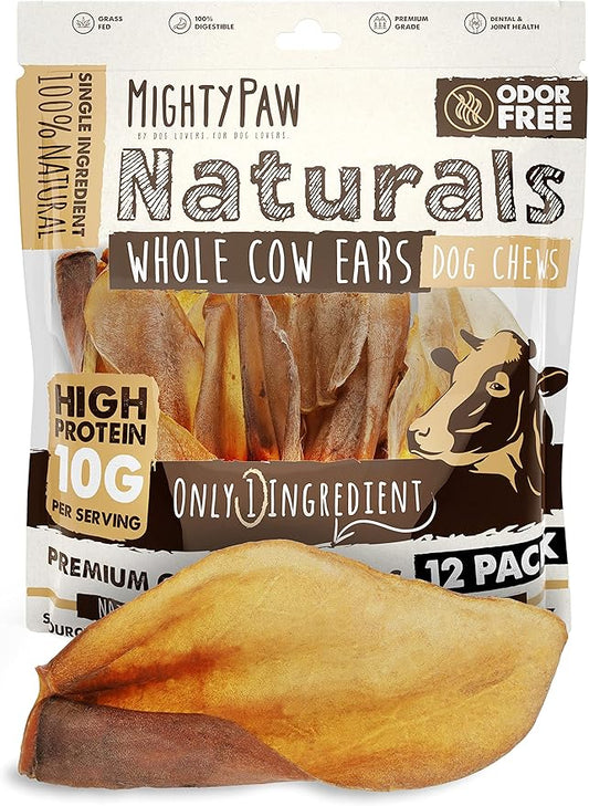 Mighty Paw 100% Natural Unbleached Cow Ears for Dogs - Single Ingredient Dog Chews - Cow Ears for Dogs Chew Treats Suitable for Small, Medium & Large Pets - Cow Ear Dog Chews 12 Pack