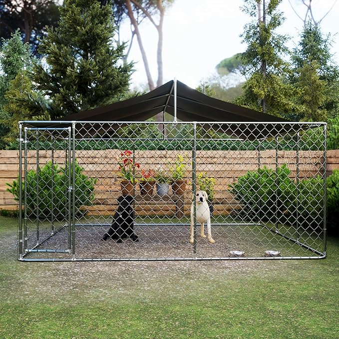Outdoor Dog Kennel Dog Crate with Lockable Swing Gate,Water & UV Resistant Dog Enclosure Outdoor W/Pitched Roof,Heavy Duty Dog Pens Dog House Outside for Large Dogs,Gray(157"x 157")