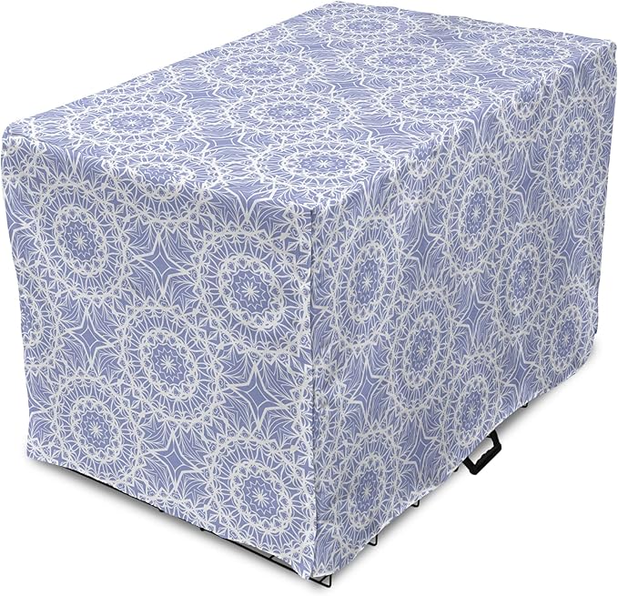 Lunarable Mandala Dog Crate Cover, Ceremonial Retro Minimal Far Eastern Pattern, Easy to Use Pet Kennel Cover for Small Dogs Puppies Kittens, 18 Inch, Lavender Blue and White