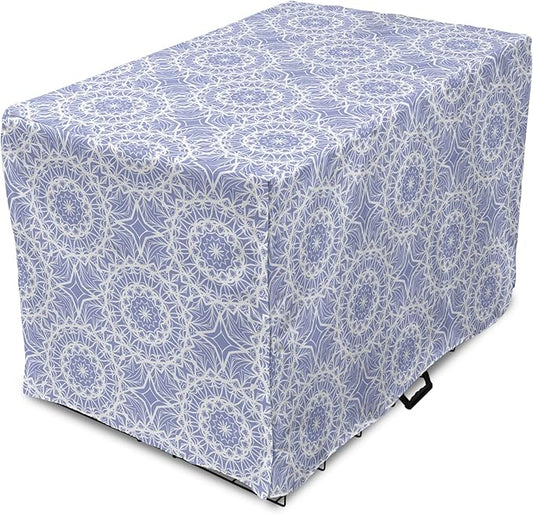 Lunarable Mandala Dog Crate Cover, Ceremonial Retro Minimal Far Eastern Pattern, Easy to Use Pet Kennel Cover for Medium Large Dogs, 42 Inch, Lavender Blue and White