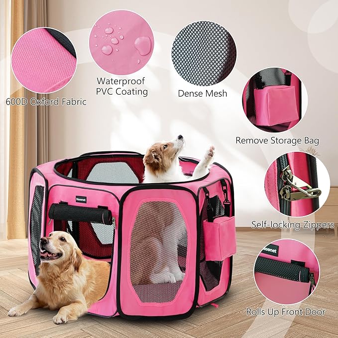 Dog Playpen, Cat Dog Crate Portable Pet Exercise Cage Kennel House Puppy Playpen Animal Playpen Indoor/Outdoor, Water-Resistant Kennel Tent with Traveling Bag (Pink, Large)