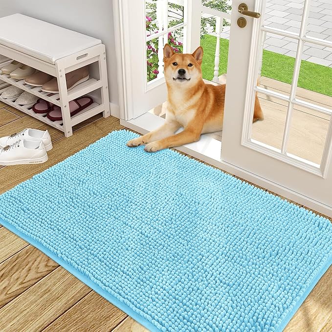OLANLY Dog Door Mat for Muddy Paws 48x30, Absorbs Moisture and Dirt, Absorbent Non-Slip Washable Mat, Quick Dry Chenille, Mud Mat for Dogs, Entry Indoor Door Mat for Inside Floor, Blue