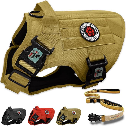 Tactical Dog Harness with Tactical Dog Leash as 1 set for Large Dogs; Military Style Tactical Dog Vest and Bungee Dog Leash with Car Seat Buckle; No-Pull Dog Vest and Leash Beige (Brown) L