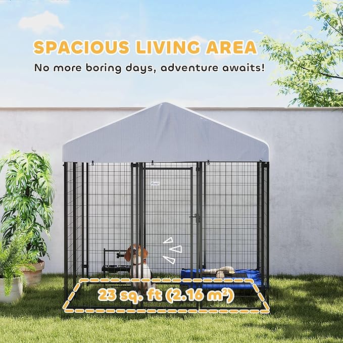 PawHut Outdoor Dog Kennel, 5.9' x 4' x 6' Heavy Duty Welded Wire Dog Playpen Enclosure with Roof, Escape-Proof Lock, UV-Resistant & Waterproof Cover, for Medium Dogs, Silver