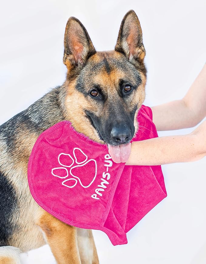 XL Paw Cleaning Towel for Dogs removes mud Dirt Grass Sand allergens Machine Washable Microfiber Also Great for a Quick Dry Puppy Bath Towel with Two Hand Pockets. 34” X 10” XL (Pink)