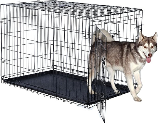 Dog Kennel - 42-Inch Dog Crate with Doors for Front and Side Access - Collapsible Dog Crate with Divider Wall Panel for Large Dogs by PETMAKER (Black)