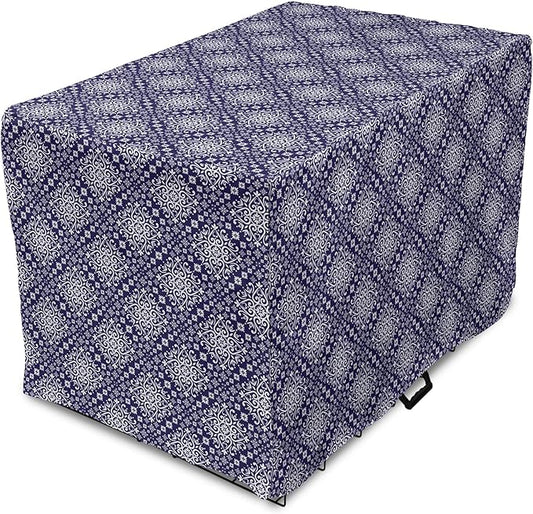 Lunarable Royal Blue Dog Crate Cover, Antique Moroccan Style Exotic Orient Inspired Ceramic Pattern Print Art, Easy to Use Pet Kennel Cover for Medium Large Dogs, 24 Inch, Indigo and White
