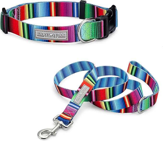 Lucky Love Dog Combo Set, Colorful Striped Dog Collar & Leash Set, Matching Collar and Leash for Small Girl or Boy Dogs, Nacho Combo, Small