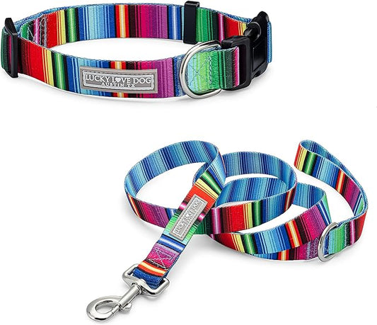 Lucky Love Dog Combo Set, Colorful Striped Dog Collar & Leash Set, Matching Collar and Leash for Small Girl or Boy Dogs, Nacho Combo, Small