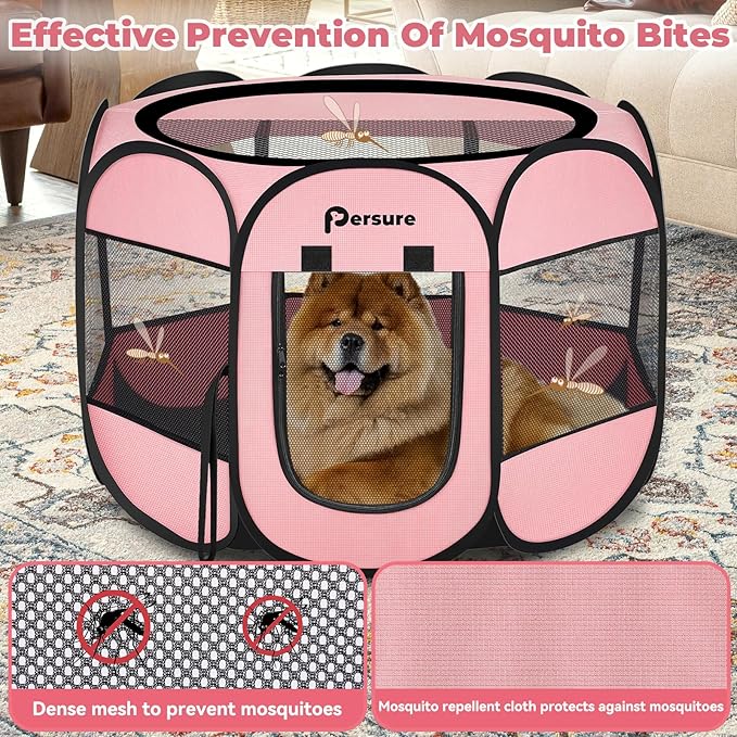 Dog Cat Playpen Indoor Outdoor for Puppy Pet Cat Recovery After Surgery, Dog Tent Crates Cage Indoor/Outdoor, Portable Pop Up Dog Kennel with Carrying Case for Travel (Premium Pink, Large)