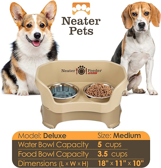 Neater Feeder Deluxe Mess Proof Dog Bowls Elevated Medium Sized Dog Breed – Made in USA – No Spill Raised Dog Food Bowl Stand – Stainless Steel Food and Water Bowl Set, Pet Feeding Station, Cappuccino