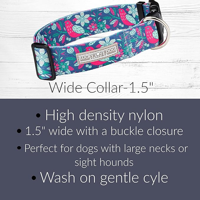 Lucky Love Dog Wide Dog Collar - Adjustable, Durable, Soft Webbing, & Comfortable 1.5 inch Wide Collar for Dogs Male and Female - in Carriebelle Pattern with Strong Buckle, X-Large Size